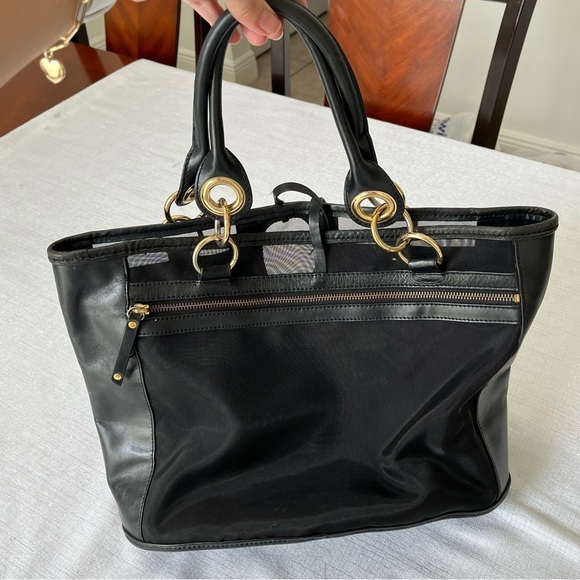 Black Donald J. Pliner Leather Mesh Tote Bag Purse Medium Gold Hardware - Picture 3 of 10